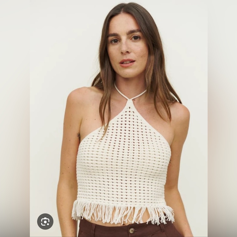 Laine open knit halter tank in gossamer